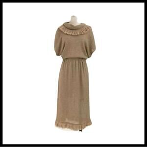 Items Woven Cowl Neck Open Weave Slouchy Midi Dress with Fringe Collar and Hem